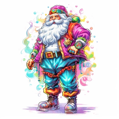 Full body of Santa Claus, style by Lisa Frank, watercolor, smooth gradients, black contour outline, ultra detailed, clipart elements, vibrant colors, solid white background, super clear, high quality