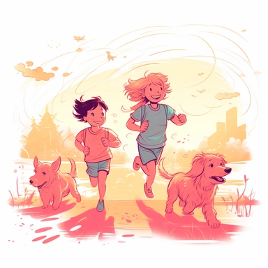 Little cute girl and boy running with dog, smiling, summer sunny day, children storybook illustration. 2d, vibrant luminous colors, flat style, ink Lines, clipart, white empty background, sharp, high resolution, blue pink orange warm