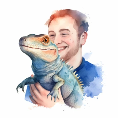 Adorable pet Monitor Lizard having happy moment with it's human owner, water color style, clipart, white background