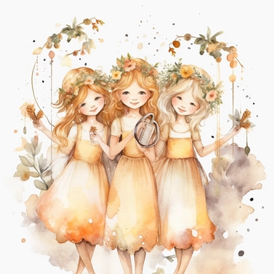 watercolour clipart, separate elements, Embark on a whimsical journey with Bells, Creamy, and Flowery - three girls who weave wonders and magic from paper. Their artwork flourishes in the enchanting realm of watercolour, where every stroke tells a story., three girls whispering big news each other, mae the smiling and exalted, white background, 8k, f1