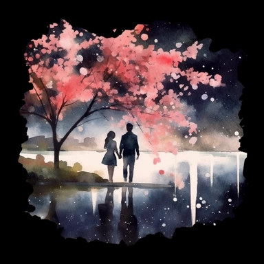 Watercolor, A couple by the river in bloom, night,clipart on black background