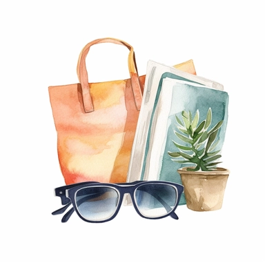 Watercolor A stylish beach bag filled with essentials like a towel, sunglasses, and a book clipart, Minimalist, isolated white background, 8k