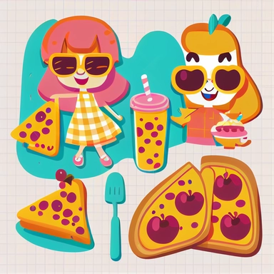 Clipart. Groovy lovely picnic objects. Summer concept. Funky characters in trendy retro 60s 70s cartoon style. sticker style with margins. plain white background. 2d, flat, vector art. clipart.