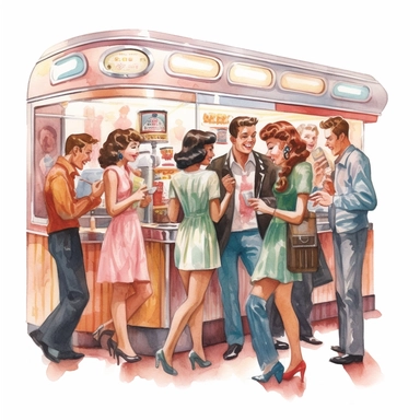 A group of friends gathered around a jukebox in a 1950s-style diner, selecting their favorite tunes and dancing, american style, watercolor, clipart