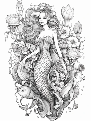 Coloring book, white background, black and white, clip art. Mermaid. Fish bottom, woman top with wings.