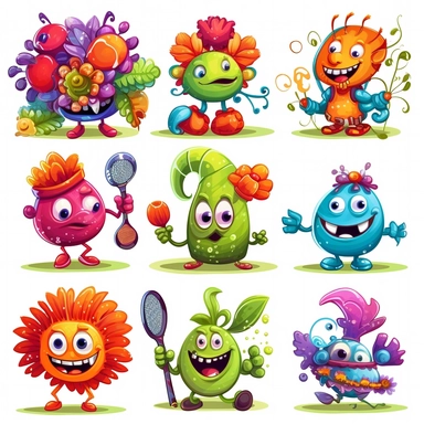 icon flowers monsters with sports activities at the clip art