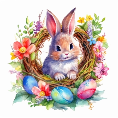 clipart, isolated on white background, Watercolor bunny and colorful in the nest eggs, easter style, detailed, flowers, ornated, vivid and vibrant and saturated colors