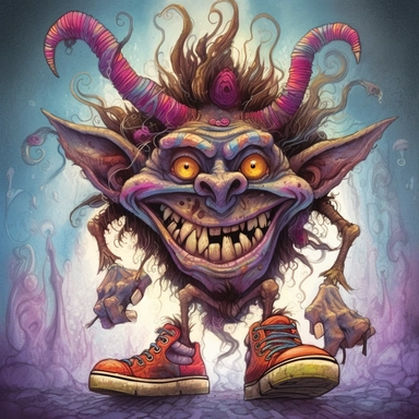 WEIRDCORE detailed illustration of a whimsical fantasy TROLL creature in a creepy, eerie style with a sense of dark magic, featuring large shoes, large eyes, and a big grin, watercolor and ink,clip art, cartoon, 8k, ar 9:8