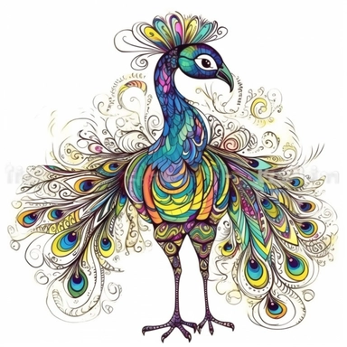 Funny colorful cartoon peacock like a pompon clipart with big beautiful eyes and long beautiful legs, distinct fine details, watercolor technique, black contour lines