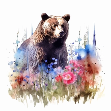 detailed watercolor clipart, photography style, beautiful bear, in a meadow, HDR, spring floral,self shadow, white background