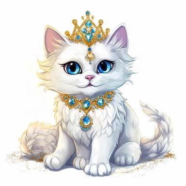 make a clipart of beautiful smiling white fluffy fairytale cat standing wearing a jeweled tiara, gold with bright blue gemstones, white background