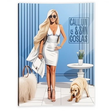 full view, clipart illustration, beautiful blonde lady dressed in white bodycon dress, walking in park with large beautiful bernese mountain dog, sharp focus, high detail, 8k, photo realistic, transparent background, (--iw 5)