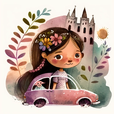 watercolor clipart, A car racing with a family inside, a 6-year-old child and the parents, motion, magical stories coming out of the windows, the girl sees a princess and a unicorn and witch outside the car, magic, illustration story book style for childr