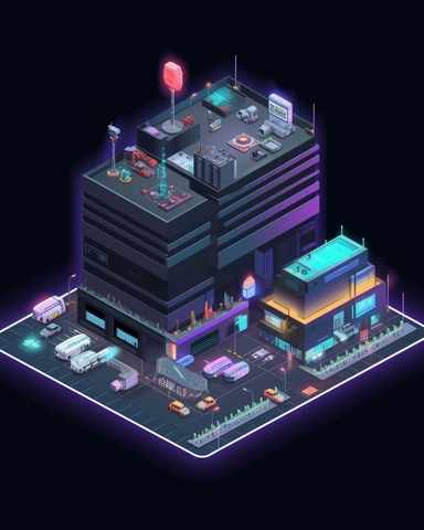 isometric clean pixel art image, game sprite, futuristic random public building concept, gaming asset, sci-fi, fun, creative, cartoon, clipart, hyper-detailed, black background,