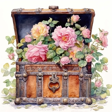 Empty open old pirate chest full of breathtaking english roses in pastel combo, by ann buccarelli ,watercolor, white background ,watercolour, insanely detailed, on white background, amazing colour combo, with detailed watercolor blooms of spring garden flowers white/ pink/ green, bec winnel, intricately textured, close up, walter Langley, lucy grossmith, heavy impasto technique, detailed shading, atmospheric watercolours, on white background clipart