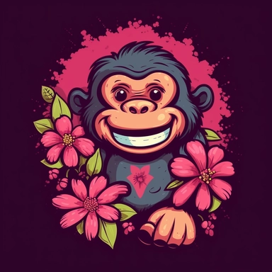 tshirt design with a pink gorilla holding a daisy. make it cute cartoon clipart