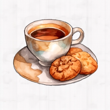 Coffee cup with a plate of freshly baked cookies next to it, watercolor pastel clipart style on a white background, 8k detailed