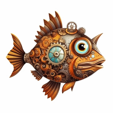 friendly fish with big cute eyes, standing up, in the style of steampunk, clipart, white background, lots of cogs