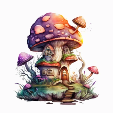 bright realistic Magical Mushroom House, lavander watercolor colors clipart style, on white background, 32k, full high definition, ultra clear image, ultra fine lines, hyper-realistic detail, whole imagine with thick black outline