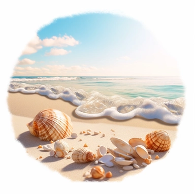 Describe the tranquil beauty of a secluded beach with its soft sandy shores, gentle waves, and vibrant seashells, by Alexandre Calame, make this landscape image in clipart style,white background, High Quality clipart, no writting background, 4k, no writting