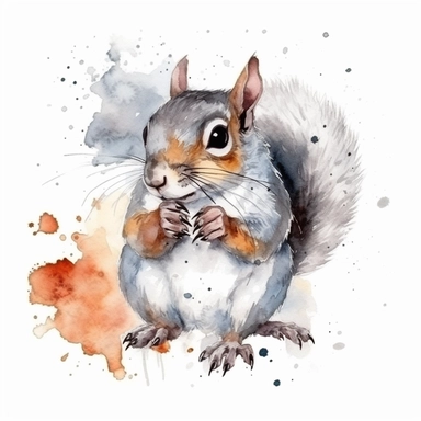Cheeky gray squirrel with a cheek full of nuts, watercolor, clipart, on isolated on white background.