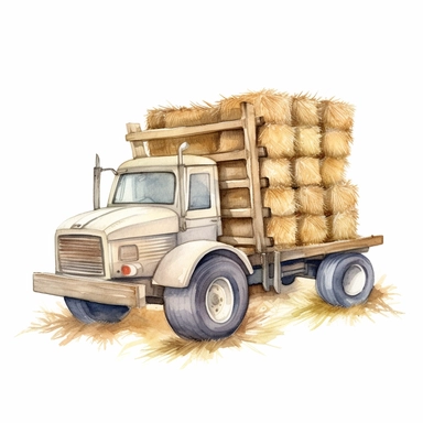 realistic watercolor drawing of bales of hay on a rustic truck on a farm, on a white background where the background will be removed to repurpose as a clipart.