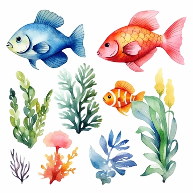 the aquarium watercolor clipart, white background