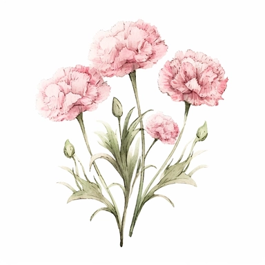 Charming pink carnation clipart against a clean white background. The illustration features a cluster of pink carnation flowers with ruffled petals and slender stems. The color palette includes shades of delicate pink and touches of green. The white background creates a contemporary and minimalist setting, allowing the carnations to stand out. The lighting is soft and diffused, highlighting the flowers' intricate details and creating a sense of elegance. The atmosphere exudes a feeling of charm 