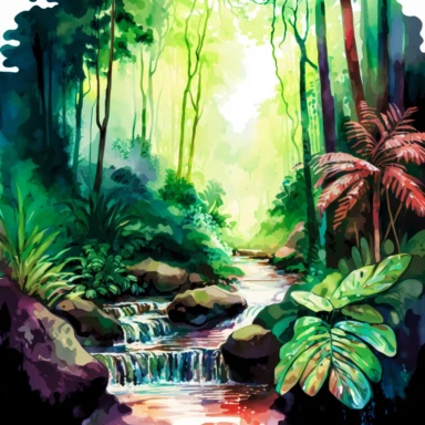 Holographic Rainforest where a water stream flows through lush greenery. watercolor clipart style. The scene is brought to life by natural lighting that captures the details and shadows of the jungle. Adventurous and elegant colors add to the excitement of the scene, with a best view composition that transports you into the heart of the rainforest.