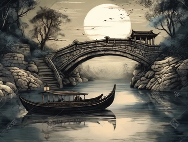 A Chinese style wooden boat moored next to a stone arch bridge at night in ancient China, quiet night, soft illumination, Impressionism, Traditional Chinese Ink painting, Clipart, no background, trending in Artstation