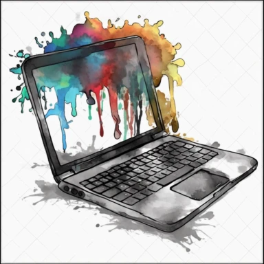 a laptop computer, clipart, watercolor, anime, white background, black and white ink
