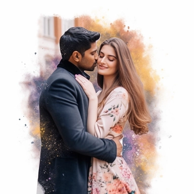 transform image of the bride and groom into a classy and regal watercolor clipart. Have the background as an explosion of colors and a blend of American, Mexican, Indian, Hindu and Christian cultural symbols. The theme of the explosion is the celebration of diversity, family and love.