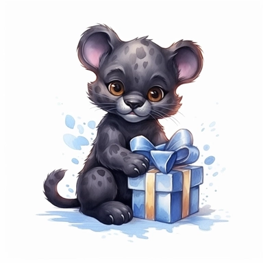 Cute cartoon black panther with bow clipart for childish cards and books, illustration style, on white background, 4k, detailed, hd, watercolor
