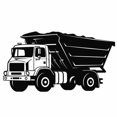 a clipart of dump truck, for a sticker, flat, 2d, sticker, black and white svg vector, silhouette, crisp lines, solid shapes, 8k