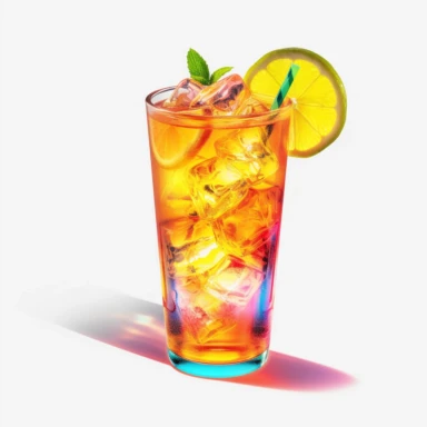 Classic long island iced tea cocktail, bold colors, retro neon style, photorealistic, high-resolution photography, transparent background PNG clipart – ar 16:9