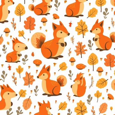 a seamless and repeatable scalable vector clipart pattern featuring stylized squirrel, acorn and other fall elements, suitable for use as backgrounds or textile prints