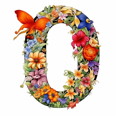 A digital illustration of the flower alphabet clipart for the letter O, featuring a vibrant and whimsical style reminiscent of the works of Beatrix Potter. The letter O is creatively formed by a variety of colorful and intricate flowers, each with its own unique shape and petal arrangement. Against a clean white background, the floral O stands out prominently, exuding a sense of elegance and natural beauty. Soft, diffused lighting ensures that every detail of the flowers is showcased with clarit