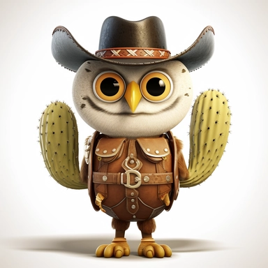please create pixar style character clipart of owl dressed like a cowboy with white eyes, back view of body looking at the camera with head turned front view with golden and black grills, standing on cactus