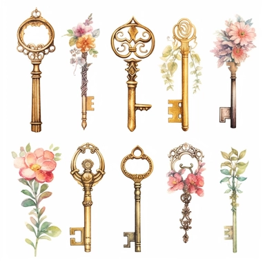 assorted gold keys inspired by Alice in wonderland watercolor illustration, design elements isolated on white background, vintage clip art - Image #4 <@1098423716465102849>