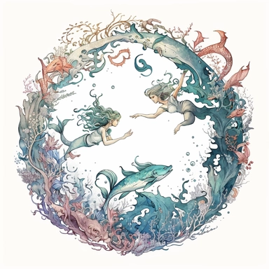 watercolor white background, no text, high resolution, in the center of a circular frame, depths of the ocean with a mesmerizing pentagram clipart surrounded by swirling currents and vibrant coral reefs. Graceful mermaids and mythical sea creatures dance beneath the waves, creating an otherworldly scene of aquatic beauty.