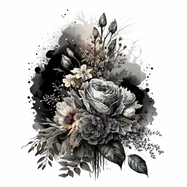 clipart watercolor detailed and realistic. on white background. beautiful flower tribute, Bouquet. dark theme, greyscale - loss funeral Themed tribute bouquet