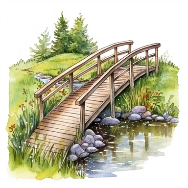 watercolour, wooden bridge over creek, summer, detailed, clipart white background