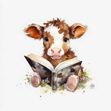 beautiful Baby Cow reading book clipart, clipart watercolor, 8k