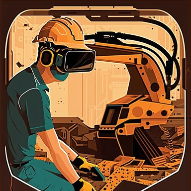 excavator cockpit, worker wearing vr headset, virtual reality hmd, poster, simplistic, abstract, vector, 2d illustration, clipart, few colors