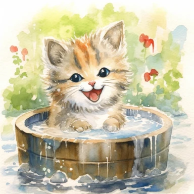 watercolor illustration, smiling with an open mouth kitten with a towel over the kitten's head and enjoying a hot spring, surrounded by gentle steam rising from the onsen water, feeling the pleasant sensation. Small bubbles dance through its fur, creating a mysterious yet beautiful sight. The cat stretches out, gradually unwinding, as the warmth of the onsen melts away the tension in its muscles. It gracefully savors the serene atmosphere and the gentle touch of nature, embracing the tranquility