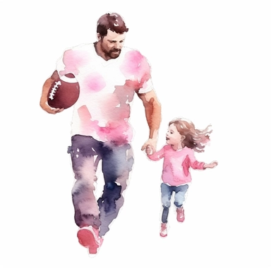 Watercolor, father and boy in pink playing American football, watercolor style clipart, solid white background