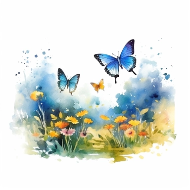soft watercolor style watercolor butterflies flying in botanical landscape isolated on white background clipart