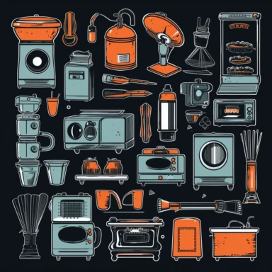 Household Equipment - Industrial Style, clipart bundle, vector logo, vector art, vintage color style, black background, simple, cartoon, 2d