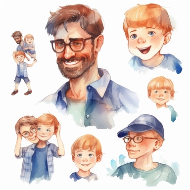 watercolor kids love for their dad, illustrations clipart set, simple, , cartoon elements , father's day elements, good anatomy and beautiful faces, handsome faces, different variants , separate elements with a margin