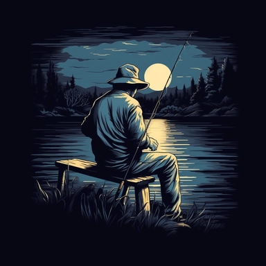 man holding a fishing rod sitting fishing, lake , bold line art, vintage tone, Clip Art , T-shirt design, black background